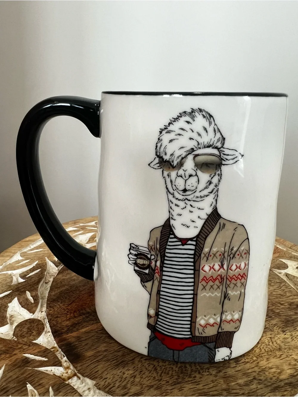 Signature House White Ceramic Mug with Black Handle and Hipster Llama Graphic